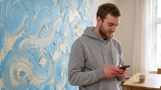 Mann im grauen Pullover blickt zu Hause auf sein Smartphone