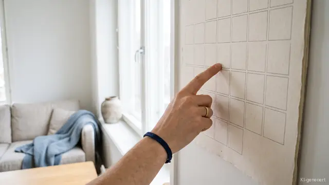 Hand zeigt auf ein Feld eines Wandkalenders neben einem Fenster